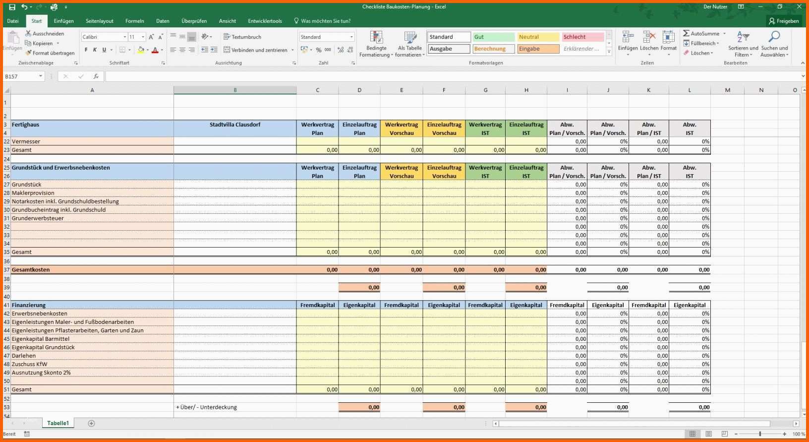 hausbau kosten kalkulieren excel