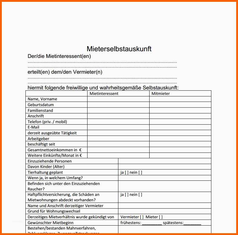 Atemberaubend Mieter Selbstauskunft formular Download