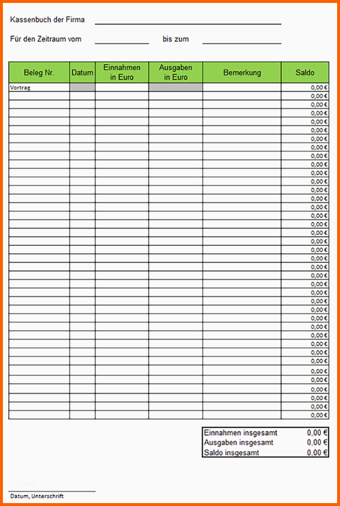 kassenbuch vorlage im kostenlosen
