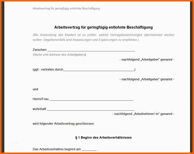 Empfohlen Minijob Arbeitsvertrag Vorlage Download