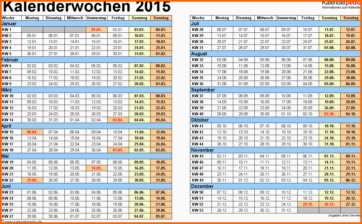 Erschwinglich Kalenderwochen 2015 Mit Vorlagen Für Excel Word &amp; Pdf