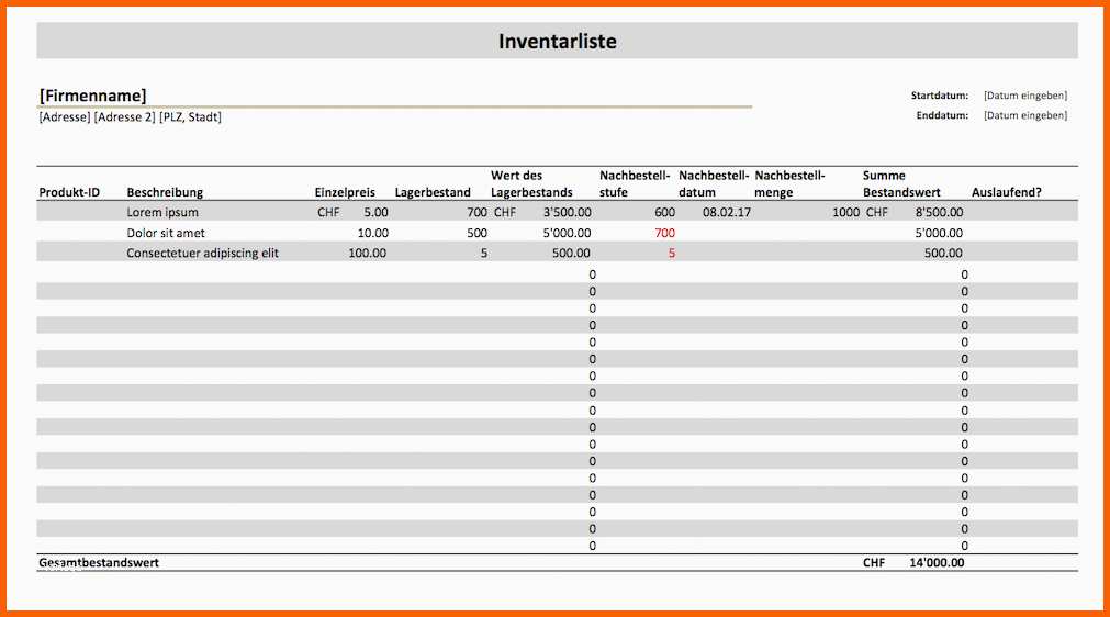 inventarliste vorlage