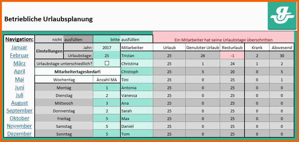 excel urlaubsplaner vorlage