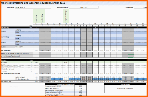 Hervorragend Excel Arbeitszeiterfassung Vorlage 2016