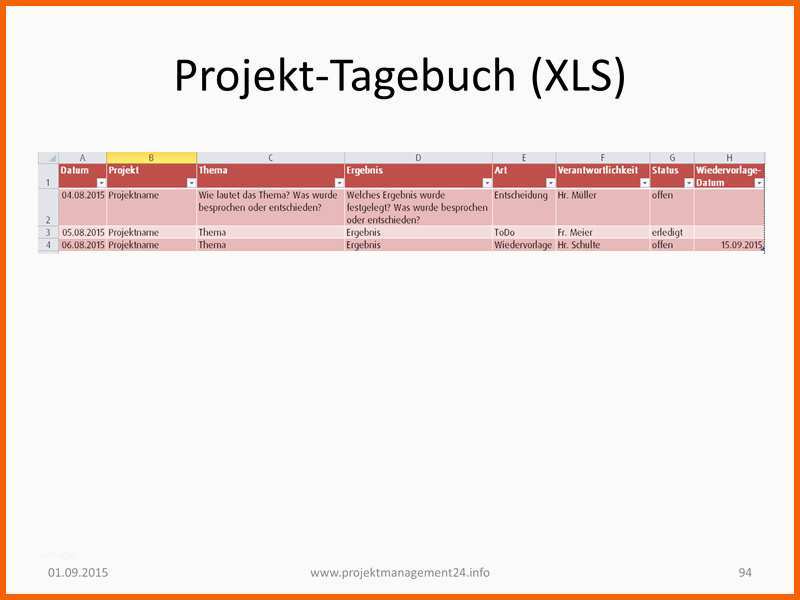 Hervorragend Projekttagebuch Mit Excel Vorlage Projekmanagement24