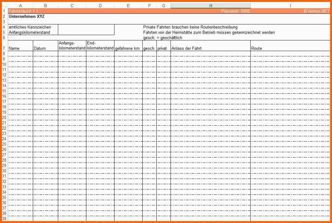 Fahrtenbuch Vorlage