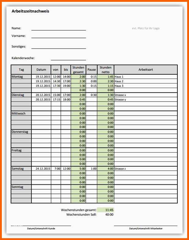 Ideal Vorlage Arbeitszeitnachweis