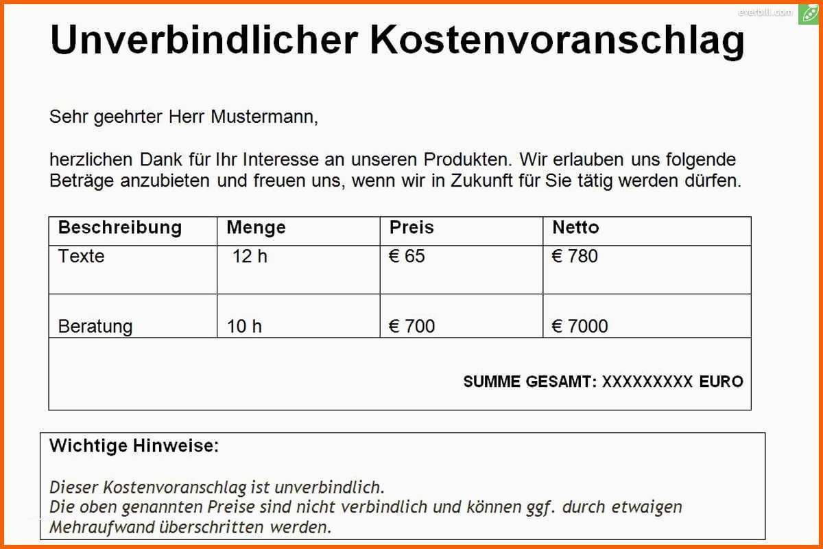 Kreativ Gratis Kostenvoranschlag Vorlage &amp; Muster