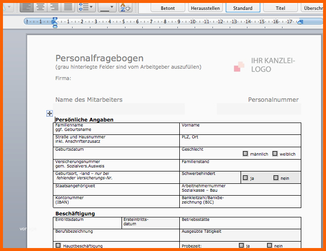 Perfekt Muster Personalfragebogen Datev