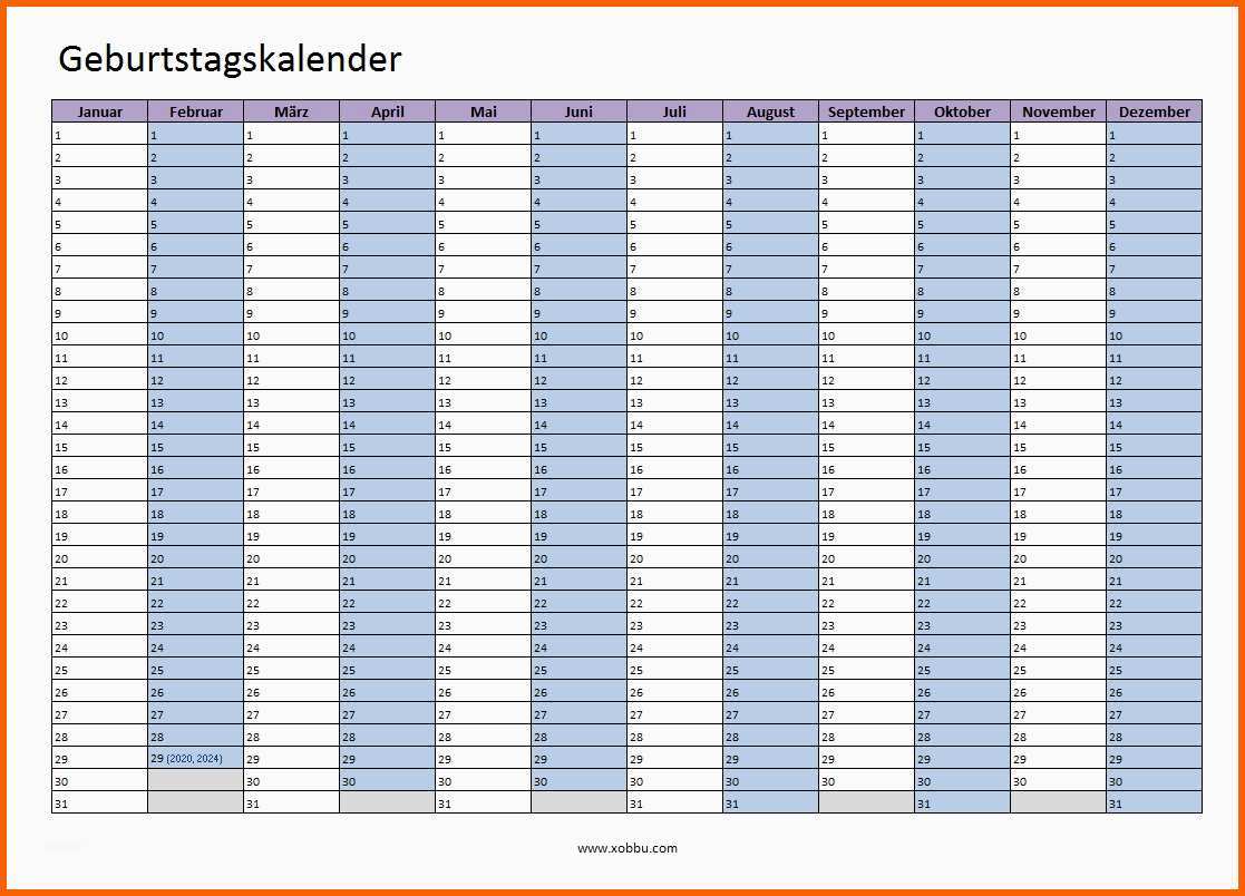 Phänomenal Geburtstagskalender Zum Ausdrucken Pdf Excel | Kostenlos