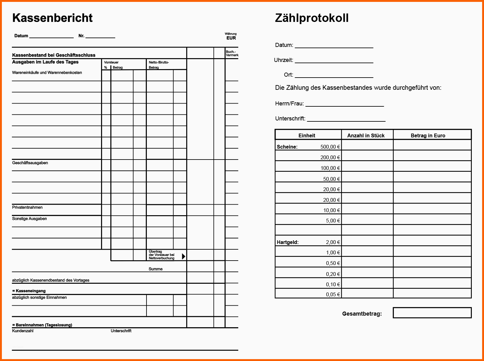 Selten Muster Kassenbericht Zählprotokoll Pdf Vorlage