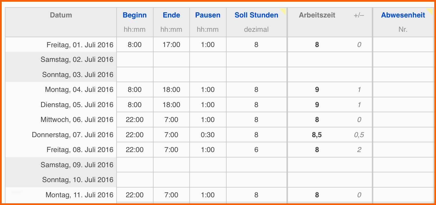 Selten Numbers Vorlage Zeiterfassung Arbeitszeit 2016