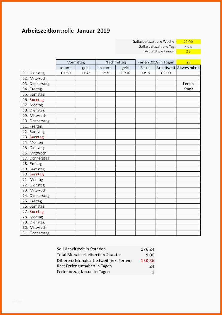 Unvergesslich Zeiterfassung Excel Vorlage Schweiz